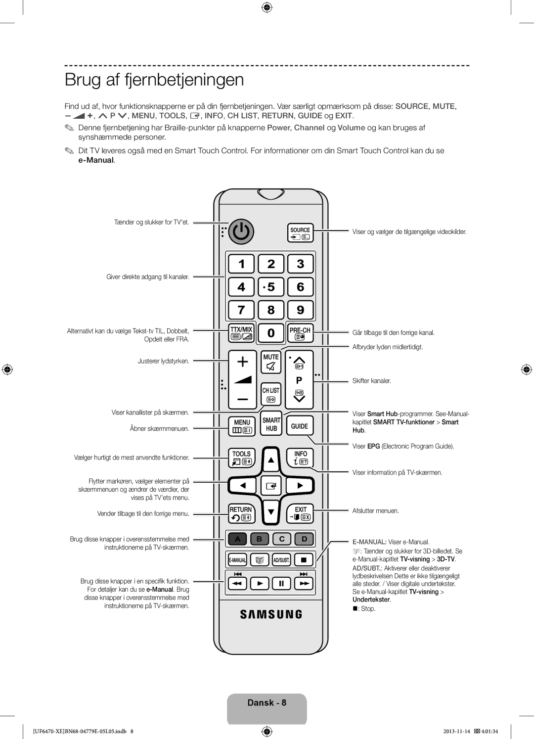 Samsung UE46F6675SBXXE, UE40F6755SBXXE, UE32F6475SBXXE manual Brug af fjernbetjeningen, Afslutter menuen MANUALViser e-Manual 