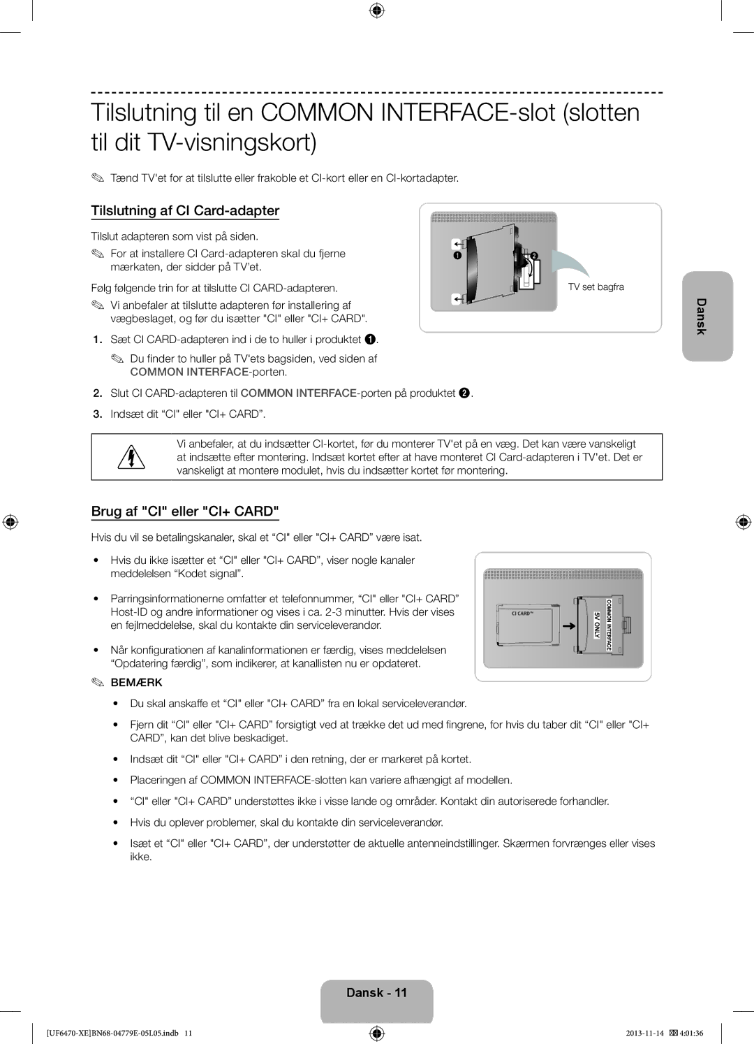 Samsung UE46F6475SBXXE, UE40F6755SBXXE manual Tilslutning af CI Card-adapter, Brug af CI eller CI+ Card, TV set bagfra 