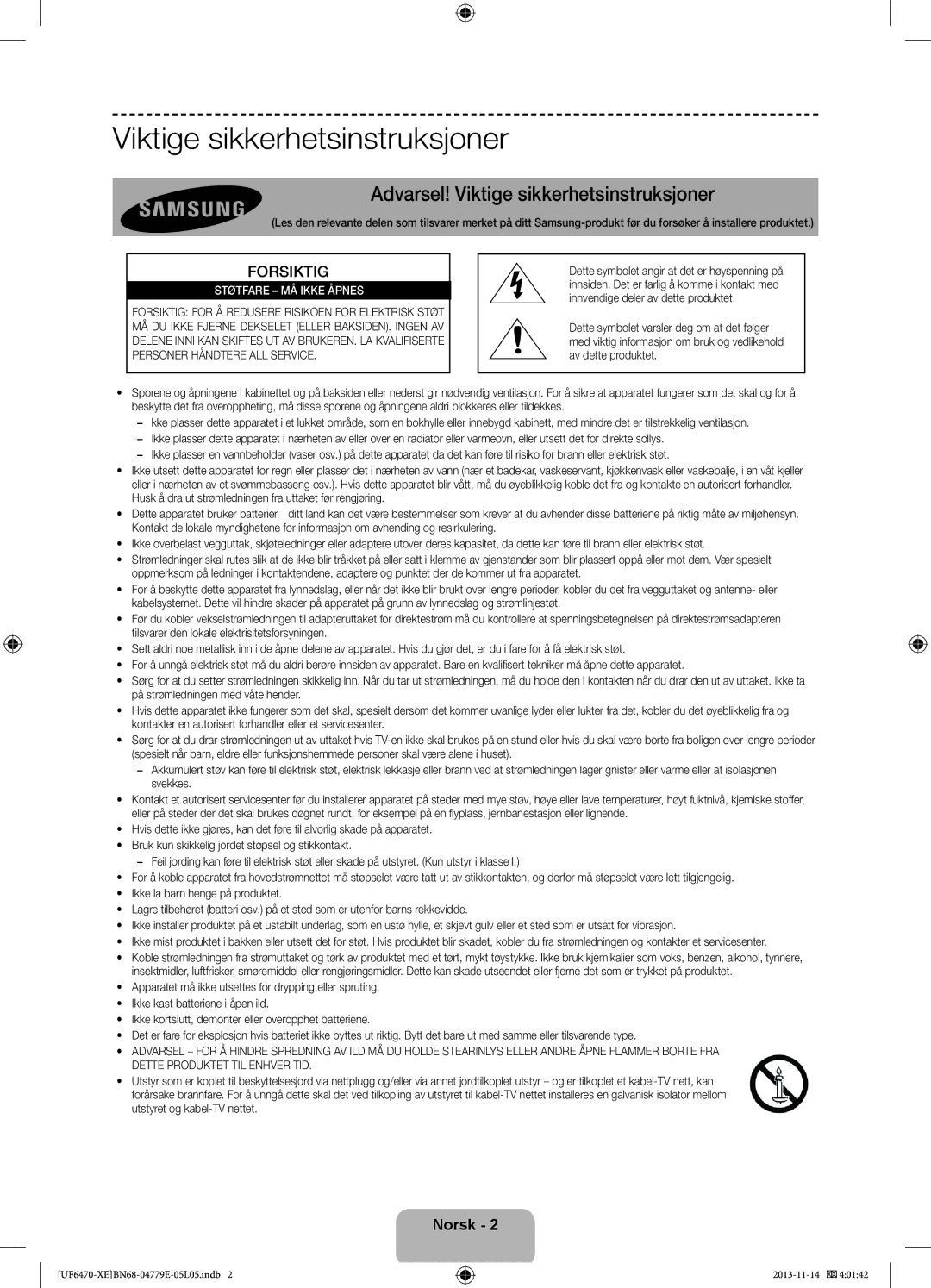 Samsung UE75F6475SBXXE, UE40F6755SBXXE, UE32F6475SBXXE, UE50F6475SBXXE manual Viktige sikkerhetsinstruksjoner, Forsiktig 