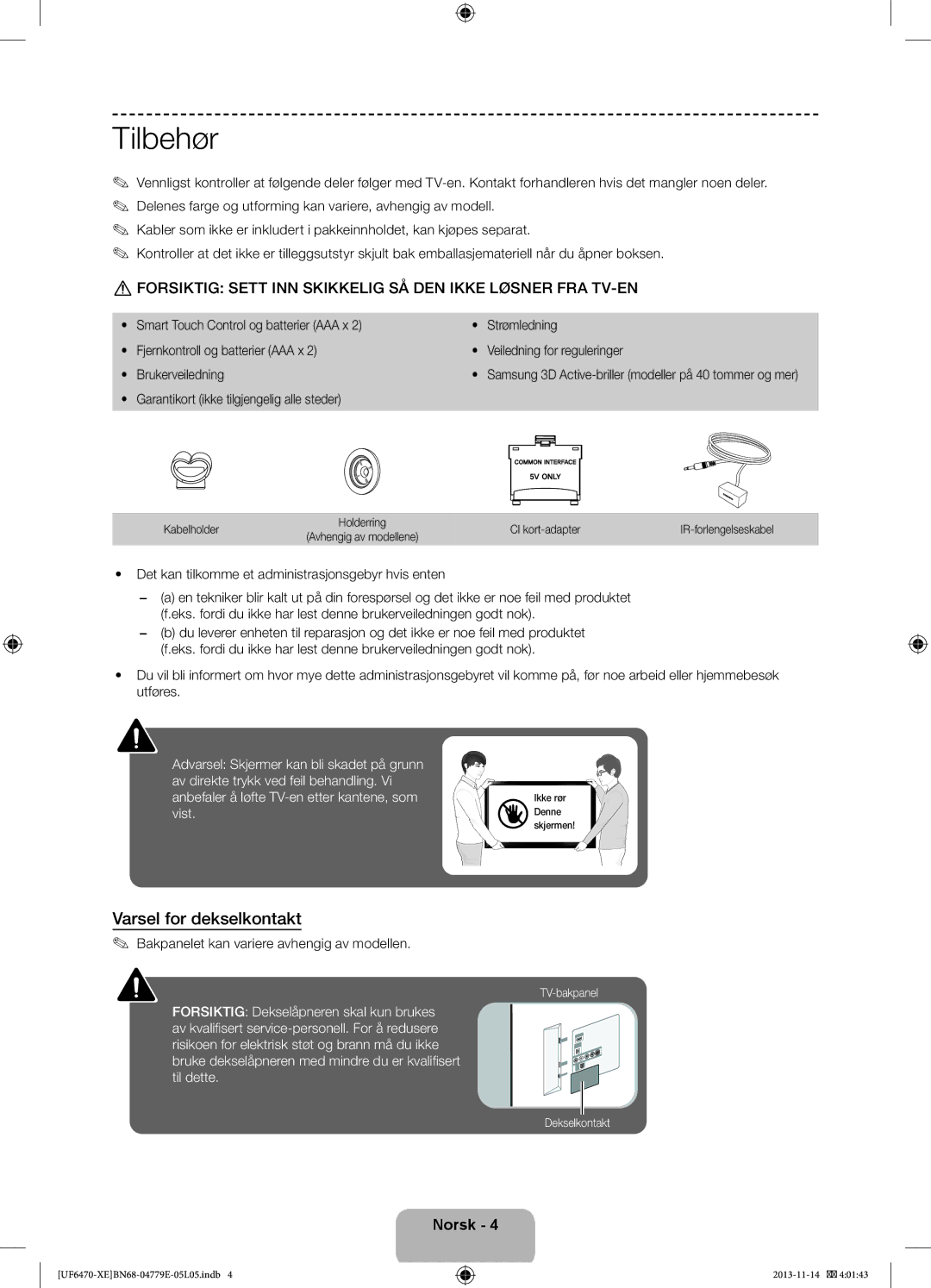 Samsung UE40F6745SBXXE manual Varsel for dekselkontakt, Garantikort ikke tilgjengelig alle steder, CI kort-adapter 