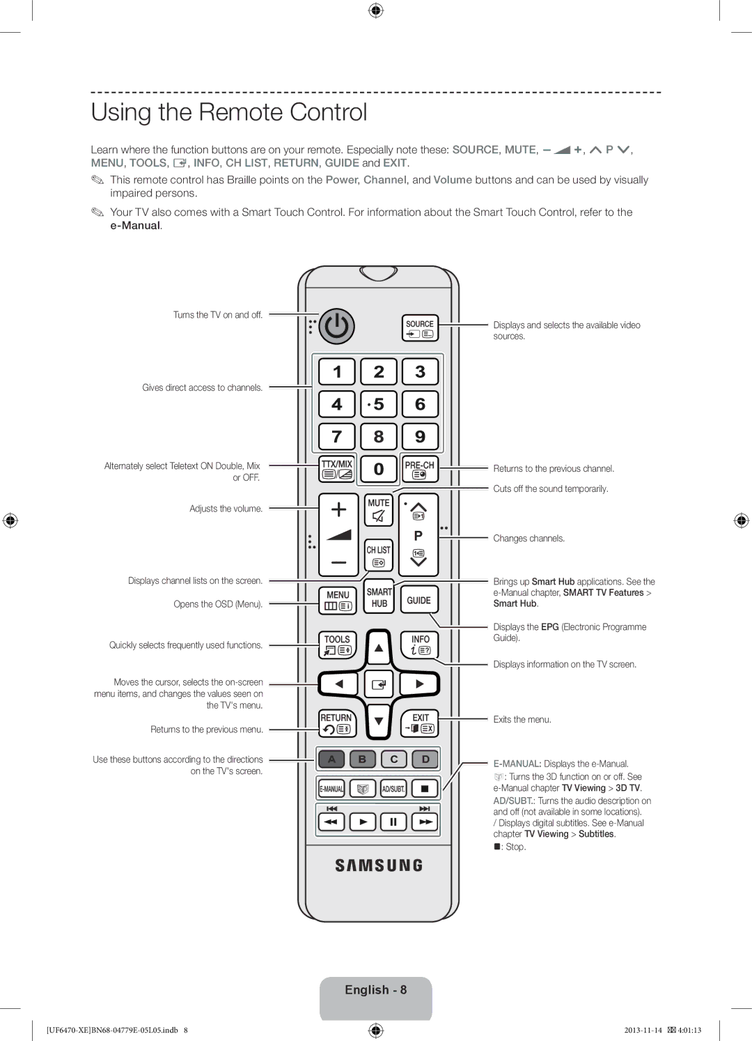 Samsung UE50F6805SBXXE manual Using the Remote Control, Turns the TV on and off Gives direct access to channels, Stop 