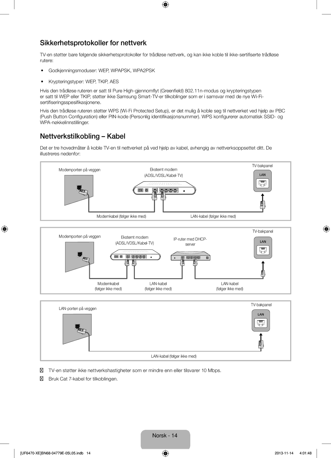 Samsung UE55F6675SBXXE manual Sikkerhetsprotokoller for nettverk, Nettverkstilkobling Kabel, Modemporten på veggen 