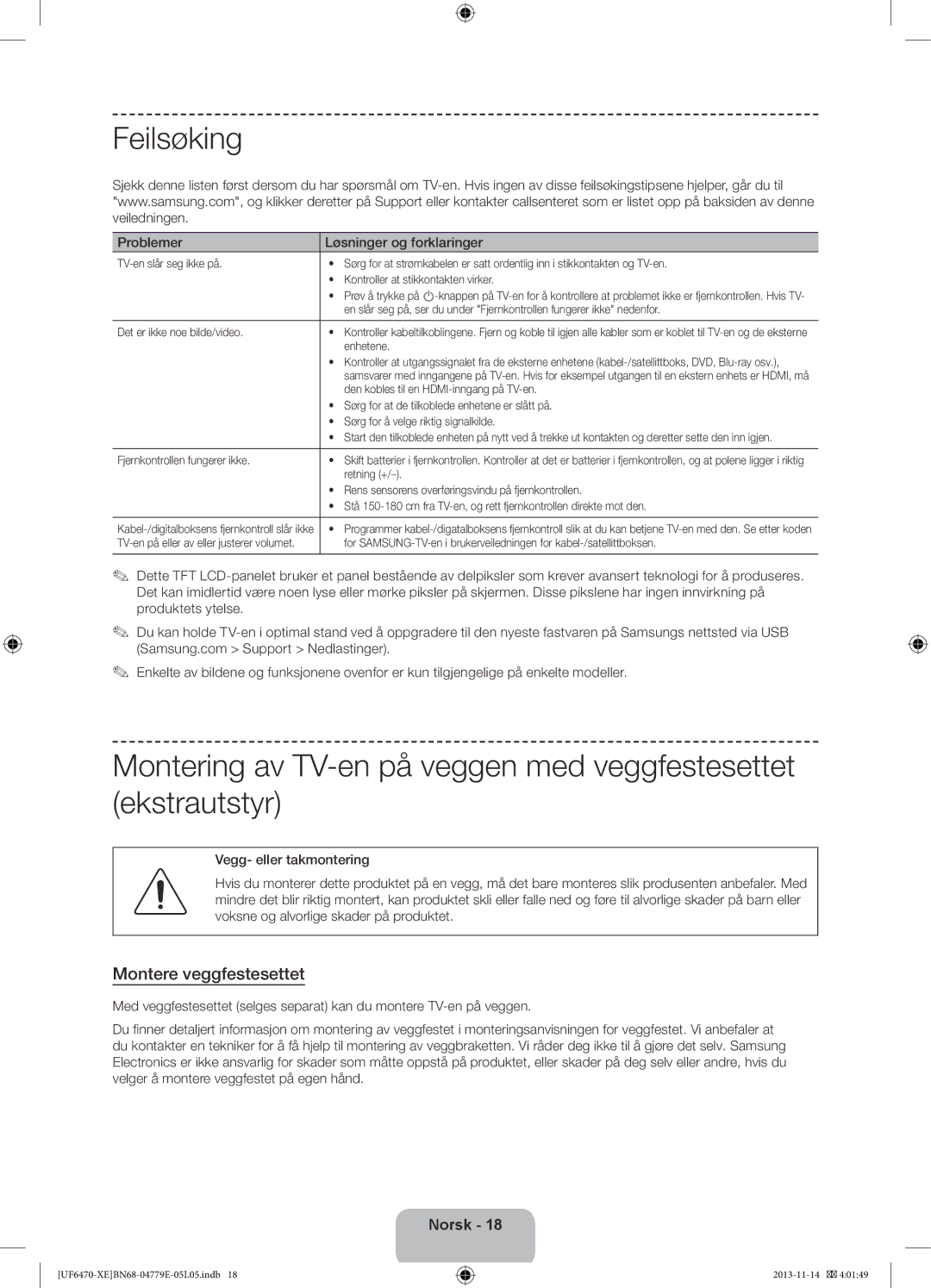 Samsung UE55F6505SBXXE, UE40F6755SBXXE manual Feilsøking, Montere veggfestesettet, Problemer Løsninger og forklaringer 