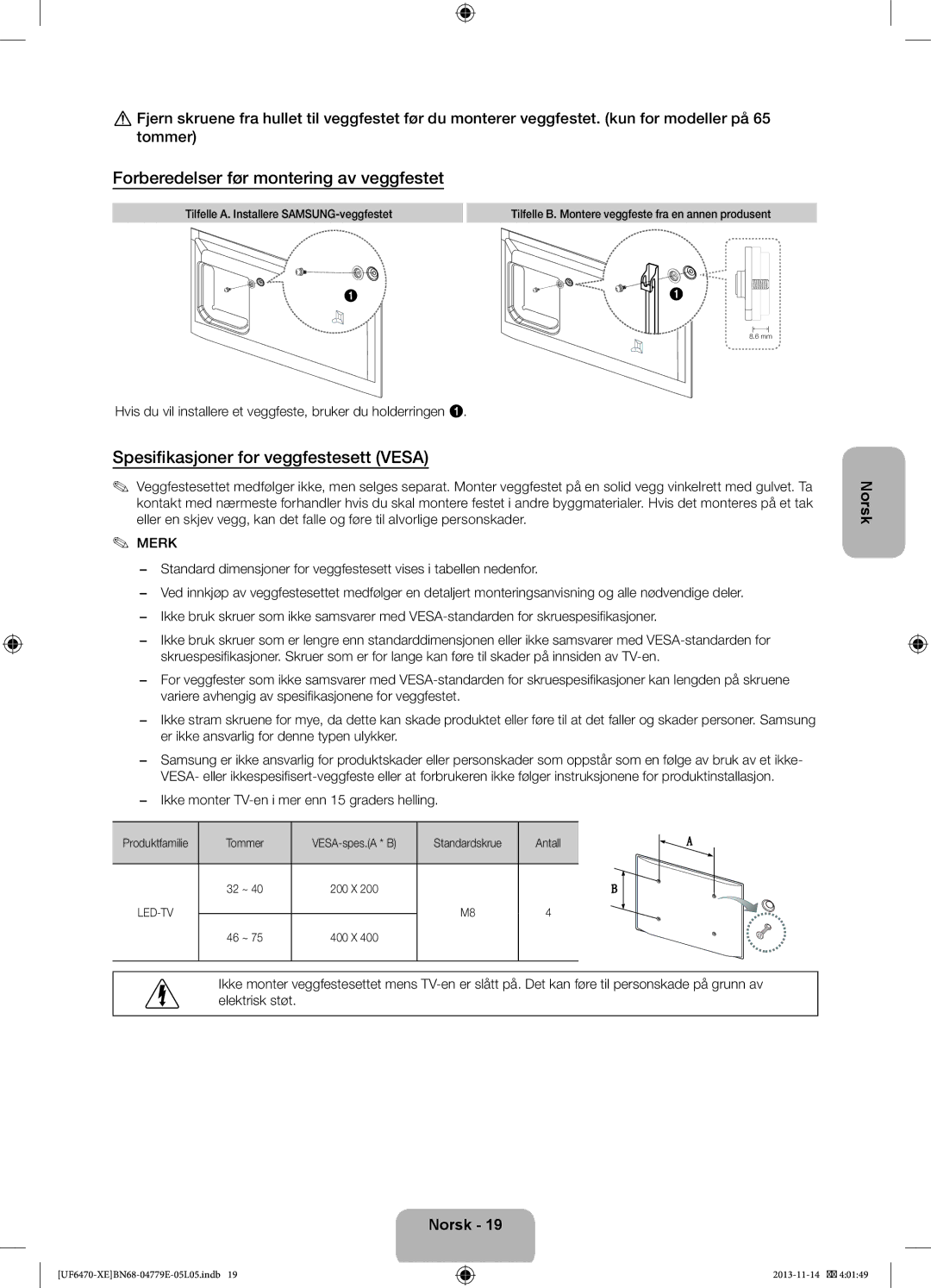 Samsung UE55F6805SBXXE, UE40F6755SBXXE Forberedelser før montering av veggfestet, Spesifikasjoner for veggfestesett Vesa 