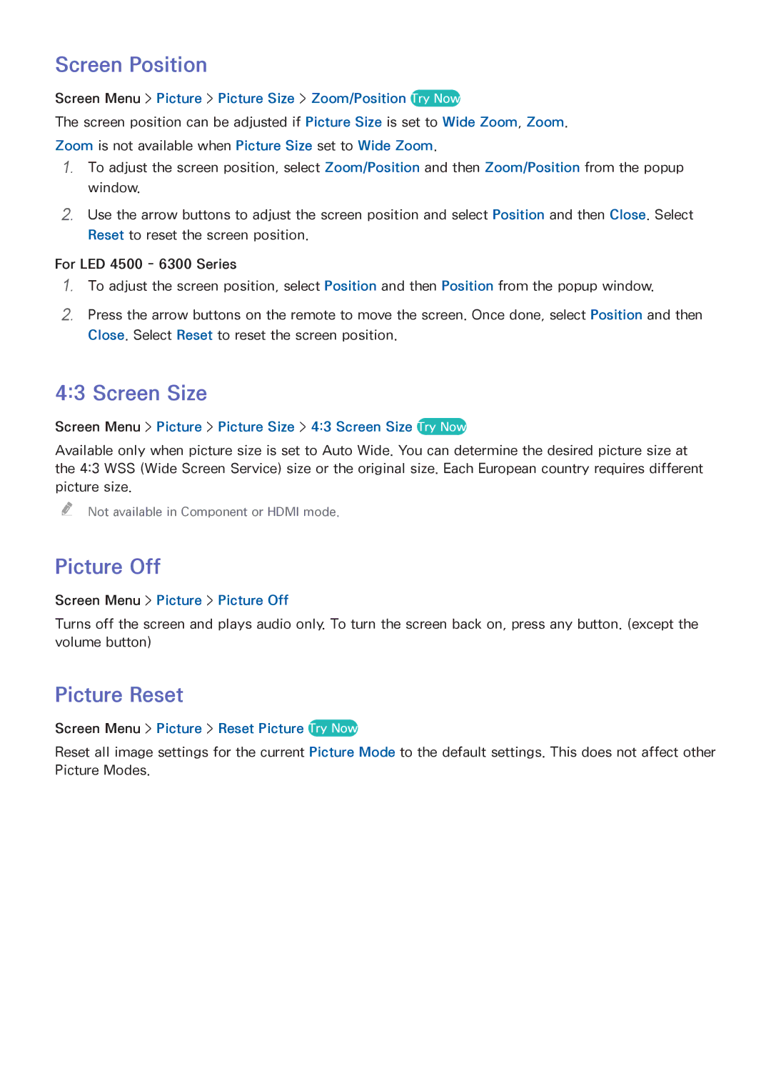 Samsung UE46F6750SSXZG, UE40F6800SSXTK, UE40F6500SSXXH manual Screen Position, Screen Size, Picture Off, Picture Reset 