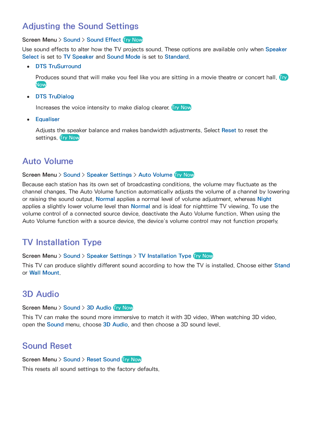 Samsung UE32F5300AWXXH manual Adjusting the Sound Settings, Auto Volume, TV Installation Type, 3D Audio, Sound Reset 