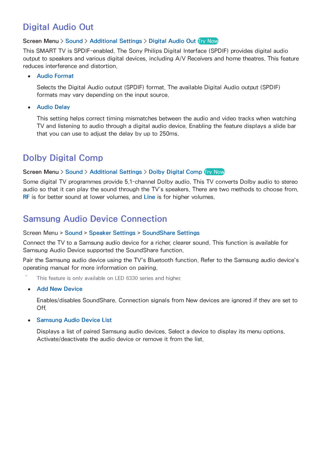 Samsung UE32F4510AWXZH, UE40F6800SSXTK manual Digital Audio Out, Dolby Digital Comp, Samsung Audio Device Connection 