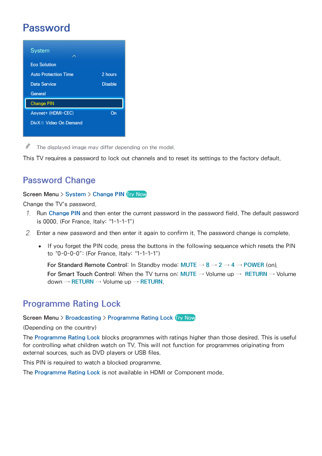 Samsung UE42F5500AWXXC, UE40F6800SSXTK Password Change, Programme Rating Lock, Screen Menu System Change PIN Try Now 