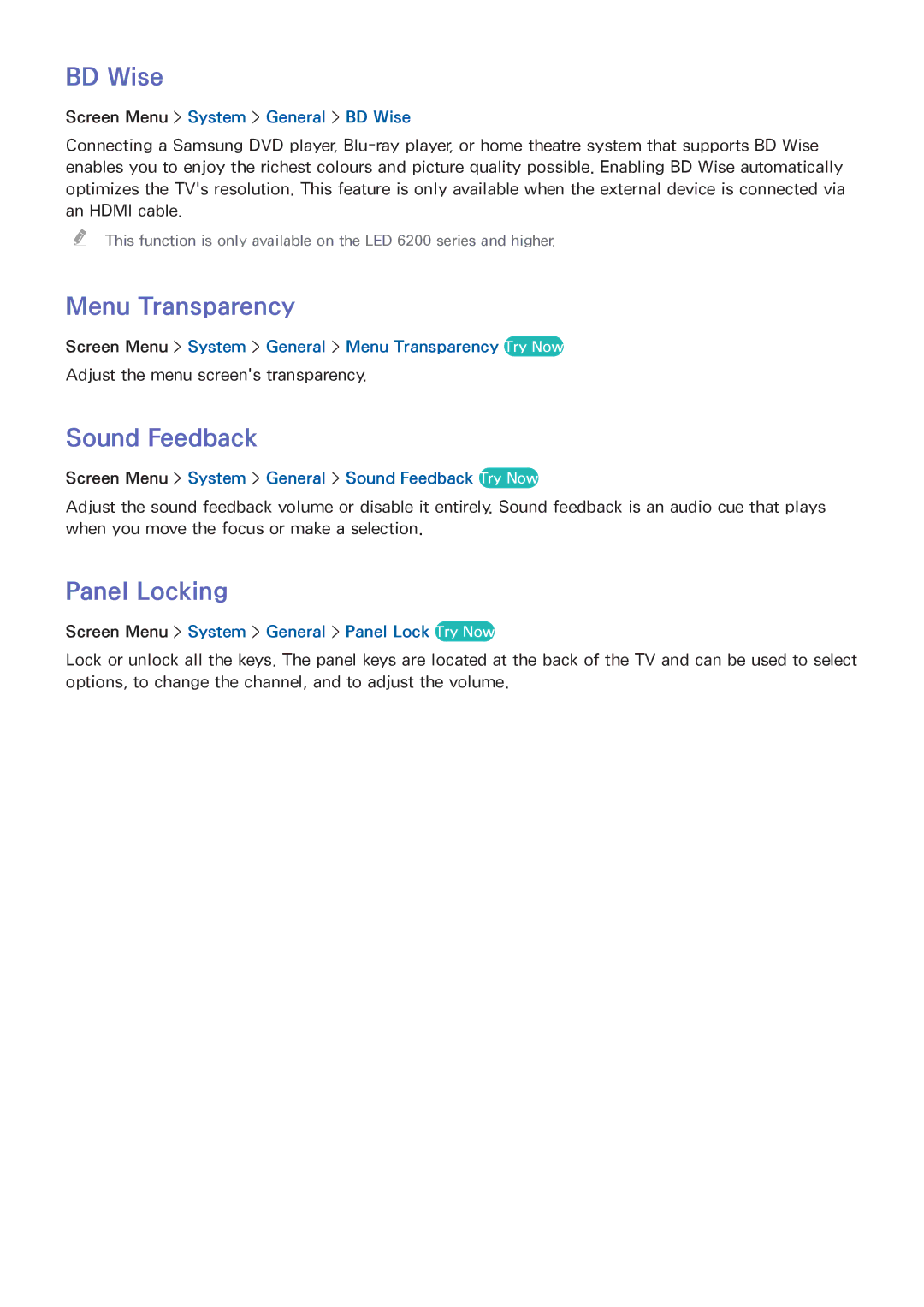 Samsung UE39F5300AWXXN, UE40F6800SSXTK, UE40F6500SSXXH manual BD Wise, Menu Transparency, Sound Feedback, Panel Locking 