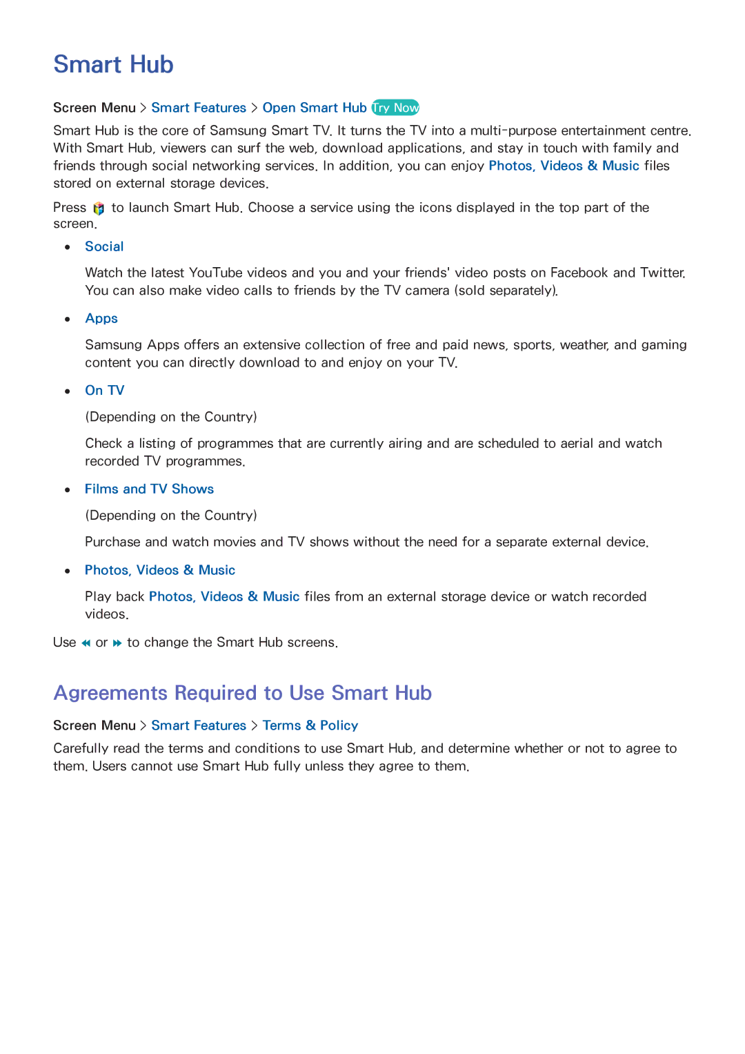 Samsung UE42F5500AWXZH, UE40F6800SSXTK, UE40F6500SSXXH, UE42F5700AWXXN manual Agreements Required to Use Smart Hub 