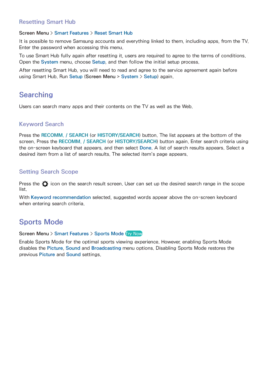 Samsung UE46F5500AWXXC, UE40F6800SSXTK manual Sports Mode, Resetting Smart Hub, Keyword Search, Setting Search Scope 