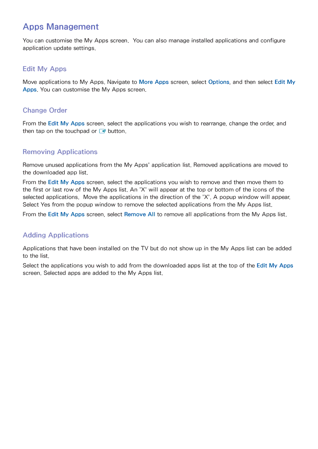 Samsung UE39F5300AWXZH manual Apps Management, Edit My Apps, Change Order, Removing Applications, Adding Applications 