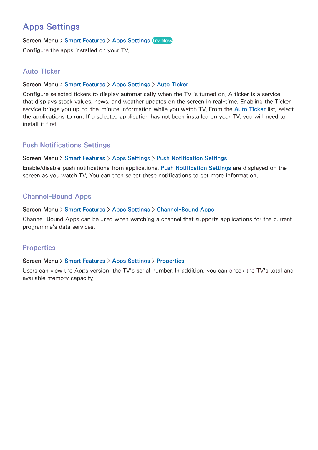 Samsung UE40F6270SSXTK manual Apps Settings, Auto Ticker, Push Notifications Settings, Channel-Bound Apps, Properties 