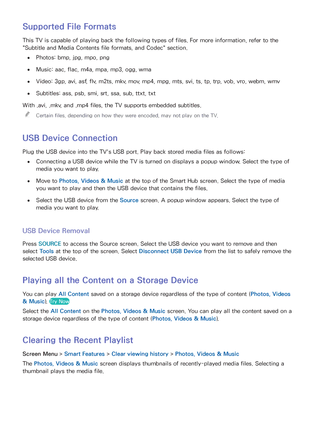 Samsung UE75F6400AWXXN manual Supported File Formats, USB Device Connection, Playing all the Content on a Storage Device 