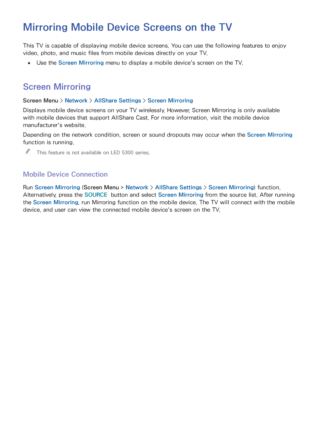 Samsung UE50F6500SSXXH manual Mirroring Mobile Device Screens on the TV, Screen Mirroring, Mobile Device Connection 