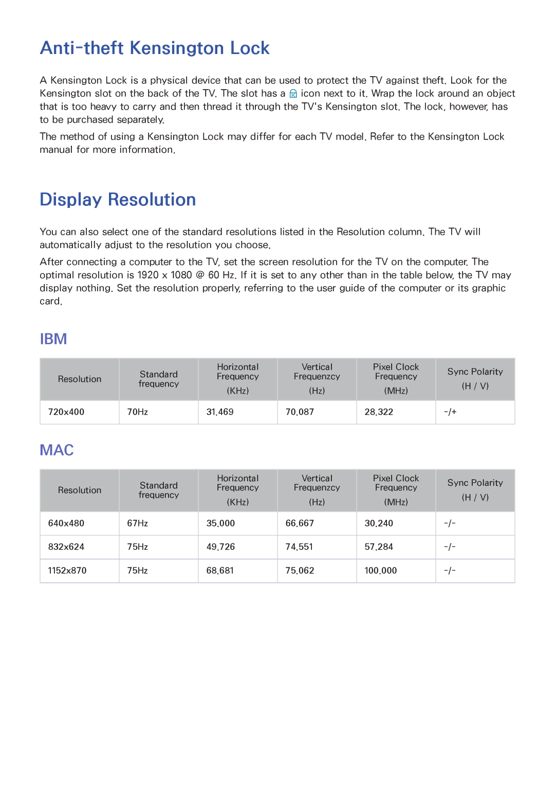 Samsung UE46F6340SSXTK, UE40F6800SSXTK, UE40F6500SSXXH, UE42F5700AWXXN manual Anti-theft Kensington Lock, Display Resolution 