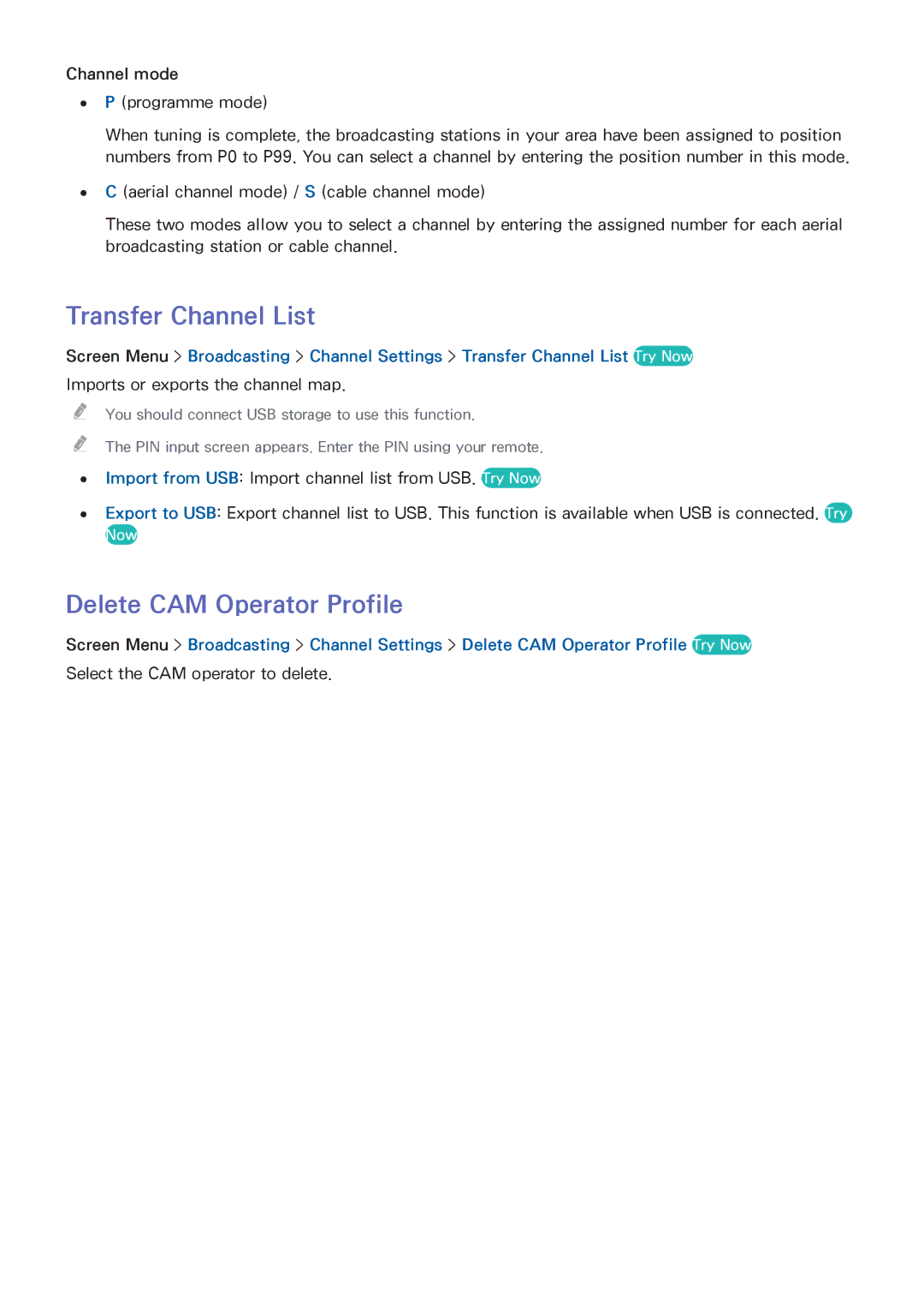 Samsung UE50F6400AKXXH, UE40F6800SSXTK, UE40F6500SSXXH Transfer Channel List, Delete CAM Operator Profile, Channel mode 