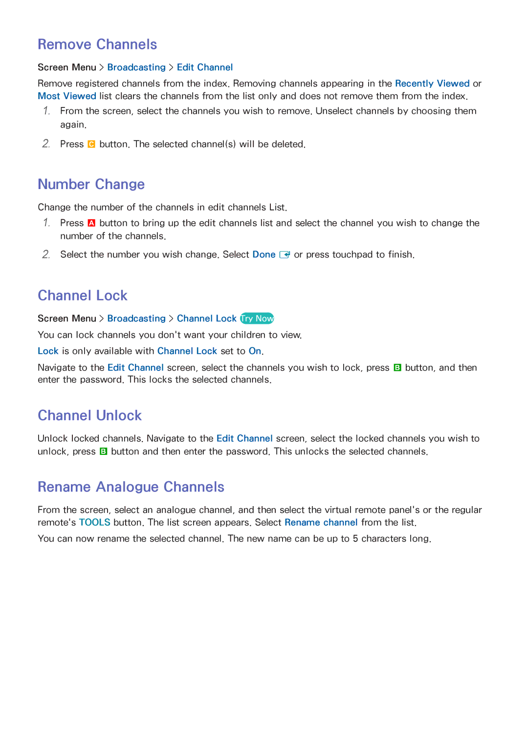 Samsung UE40F5300AWXZH manual Remove Channels, Number Change, Channel Lock, Channel Unlock, Rename Analogue Channels 