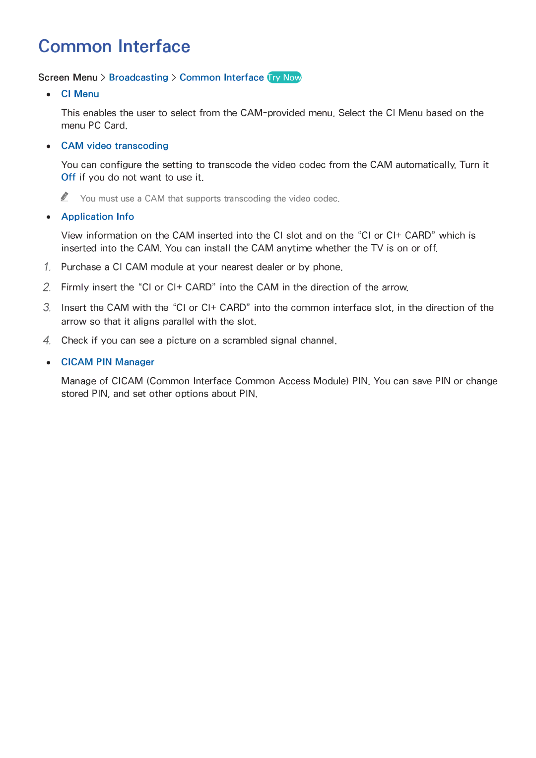 Samsung UE40F6890SSXZG manual Screen Menu Broadcasting Common Interface Try Now CI Menu, CAM video transcoding 