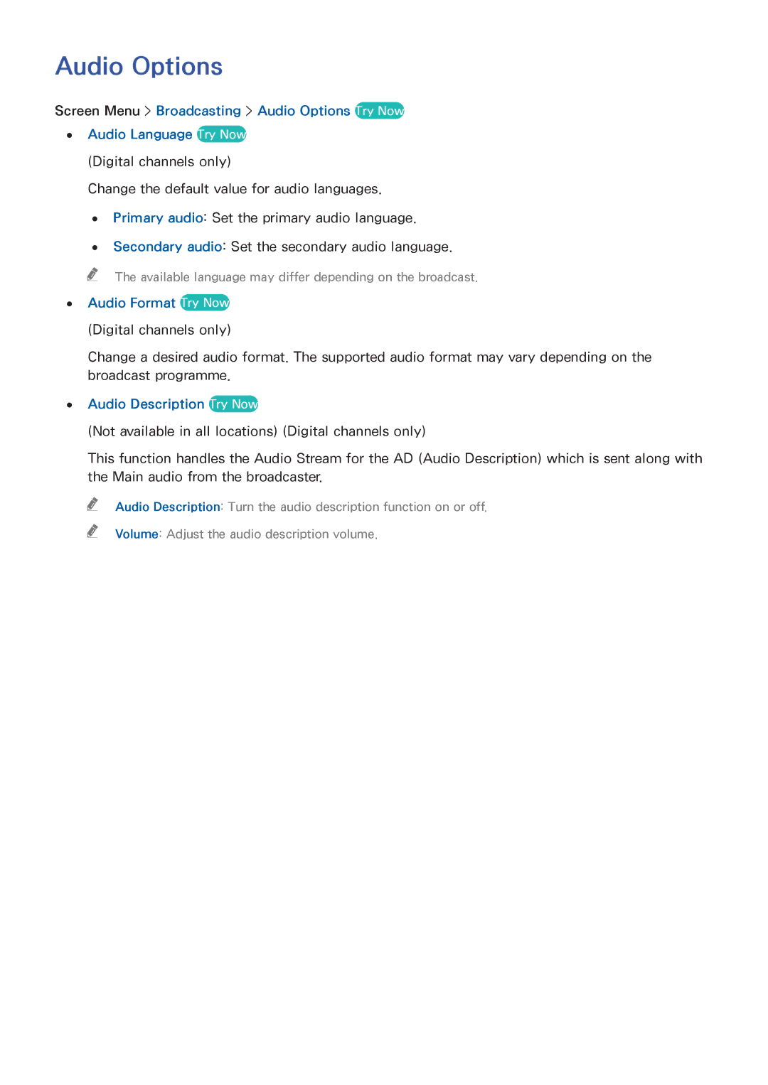 Samsung UE55F6800SSXXN, UE40F6800SSXTK, UE40F6500SSXXH manual Audio Options, Audio Format Try Now, Audio Description Try Now 