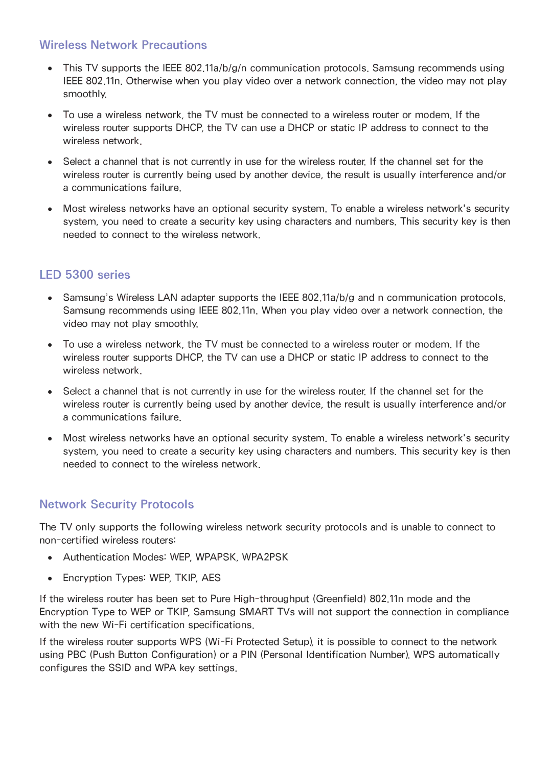 Samsung UE55F6640SSXTK, UE40F6800SSXTK, UE40F6500SSXXH manual Wireless Network Precautions, Network Security Protocols 