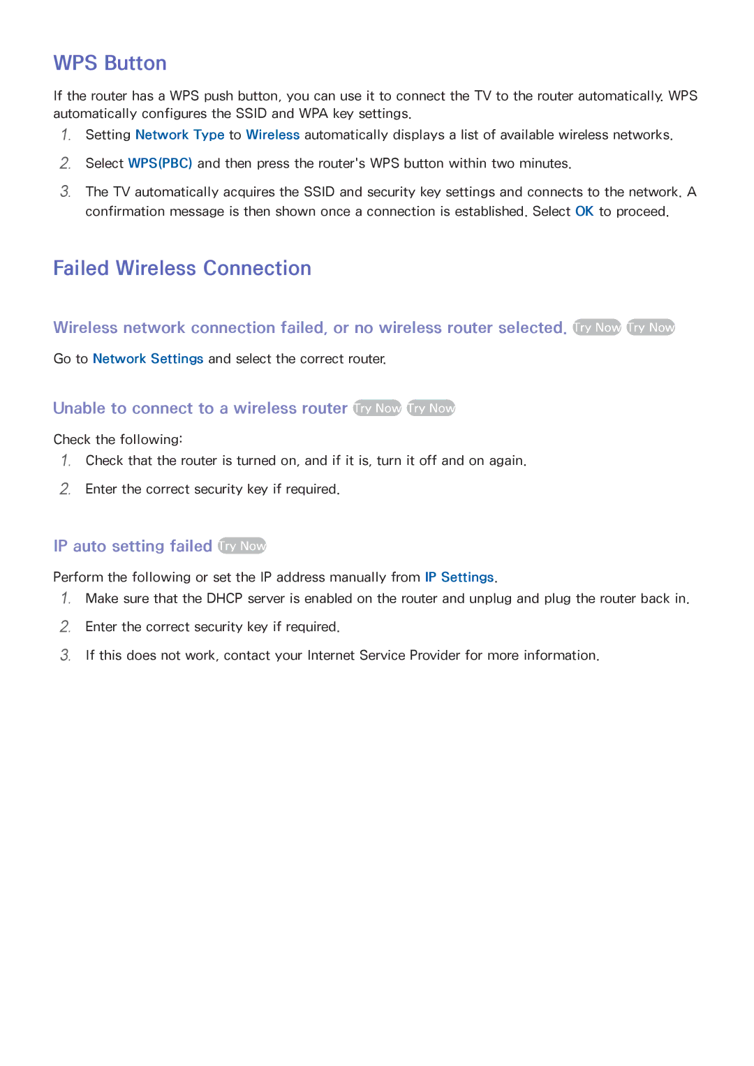 Samsung UE32F5370SSXZG WPS Button, Failed Wireless Connection, Unable to connect to a wireless router Try Now Try Now 