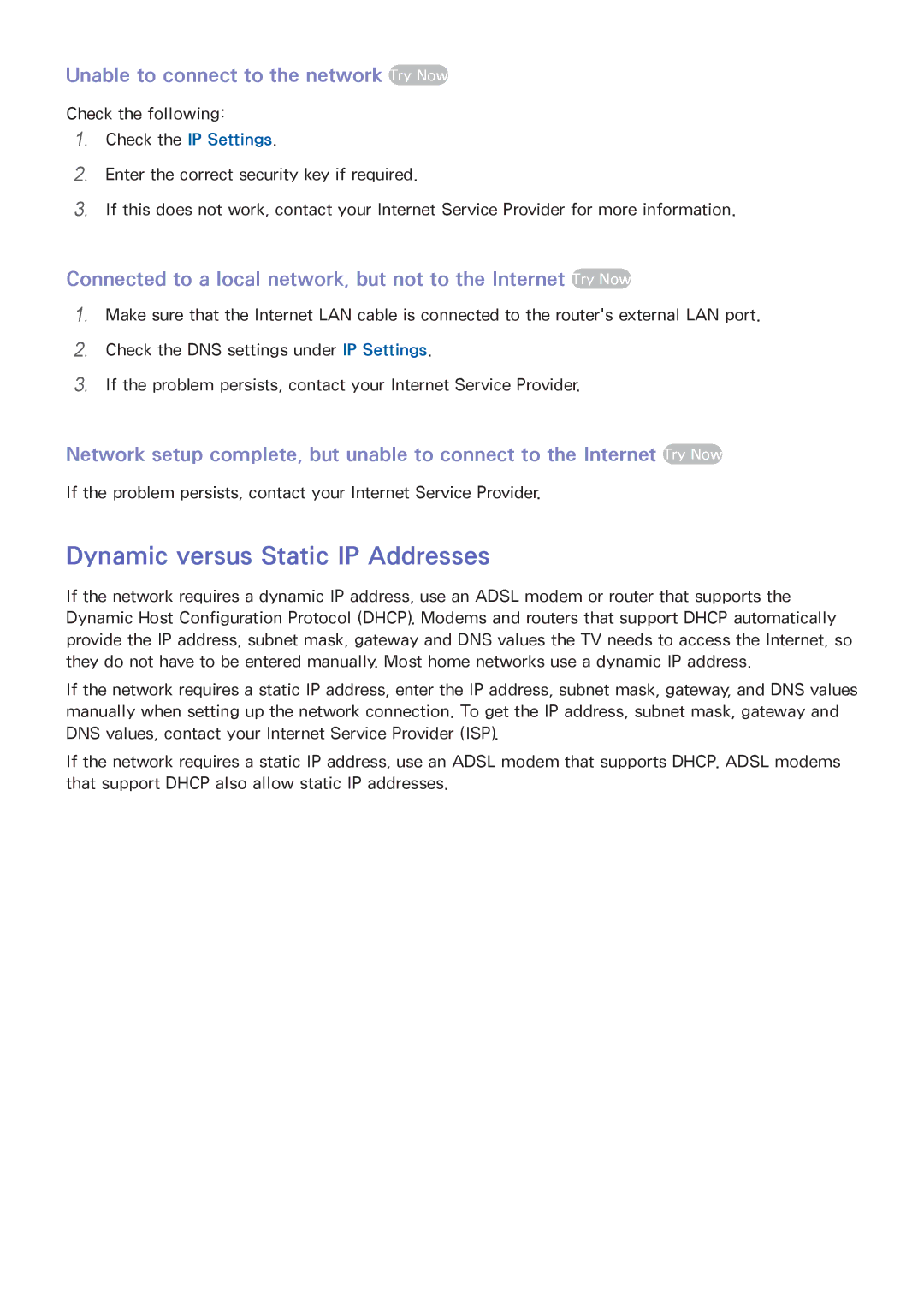 Samsung UE32F6470SSXZG, UE40F6800SSXTK manual Dynamic versus Static IP Addresses, Unable to connect to the network Try Now 