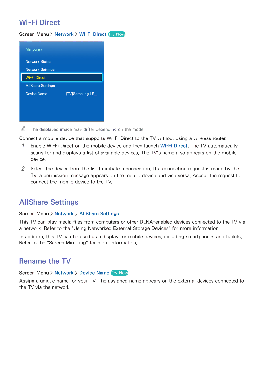 Samsung UE46F6800SSXXH, UE40F6800SSXTK, UE40F6500SSXXH, UE42F5700AWXXN manual Wi-Fi Direct, AllShare Settings, Rename the TV 