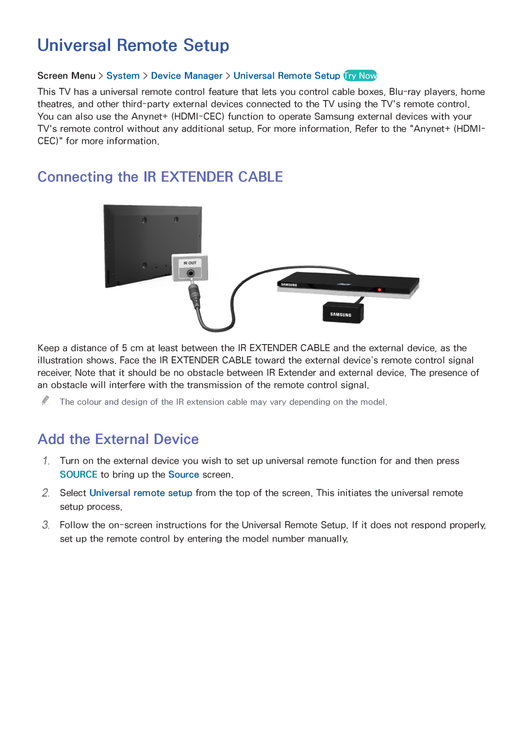 Samsung UE40F6800SSXXH, UE40F6800SSXTK Universal Remote Setup, Connecting the IR Extender Cable, Add the External Device 