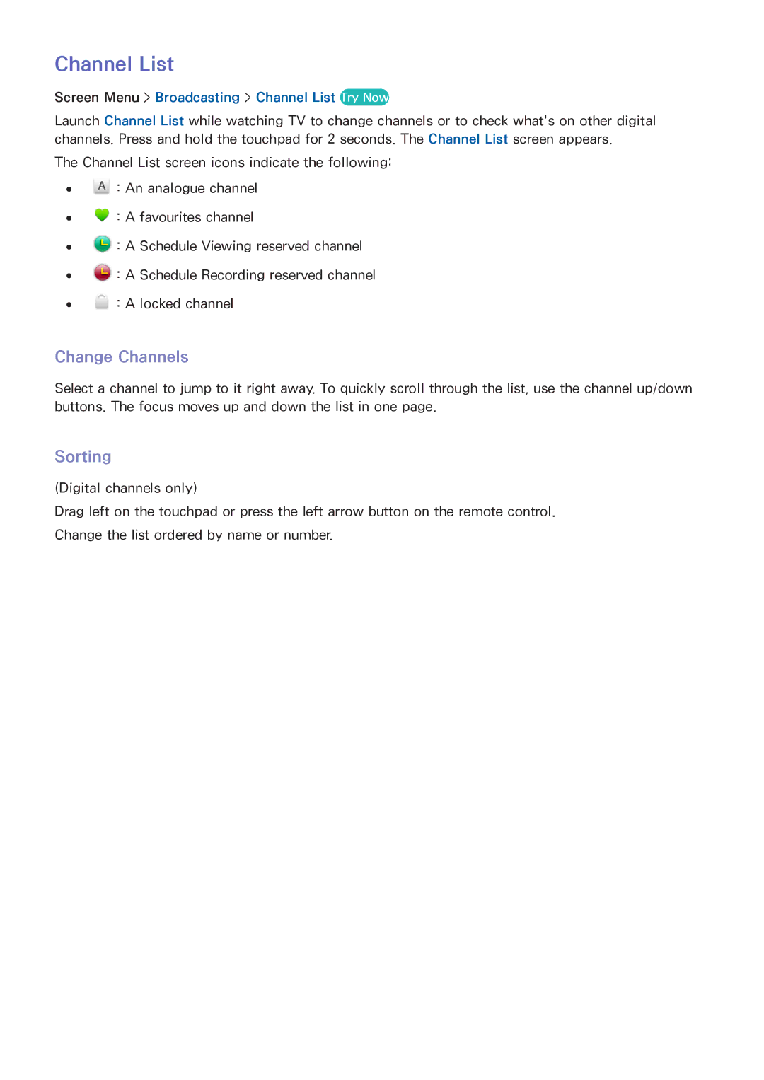 Samsung UE32F6400AWXXN, UE40F6800SSXTK, UE40F6500SSXXH manual Sorting, Screen Menu Broadcasting Channel List Try Now 