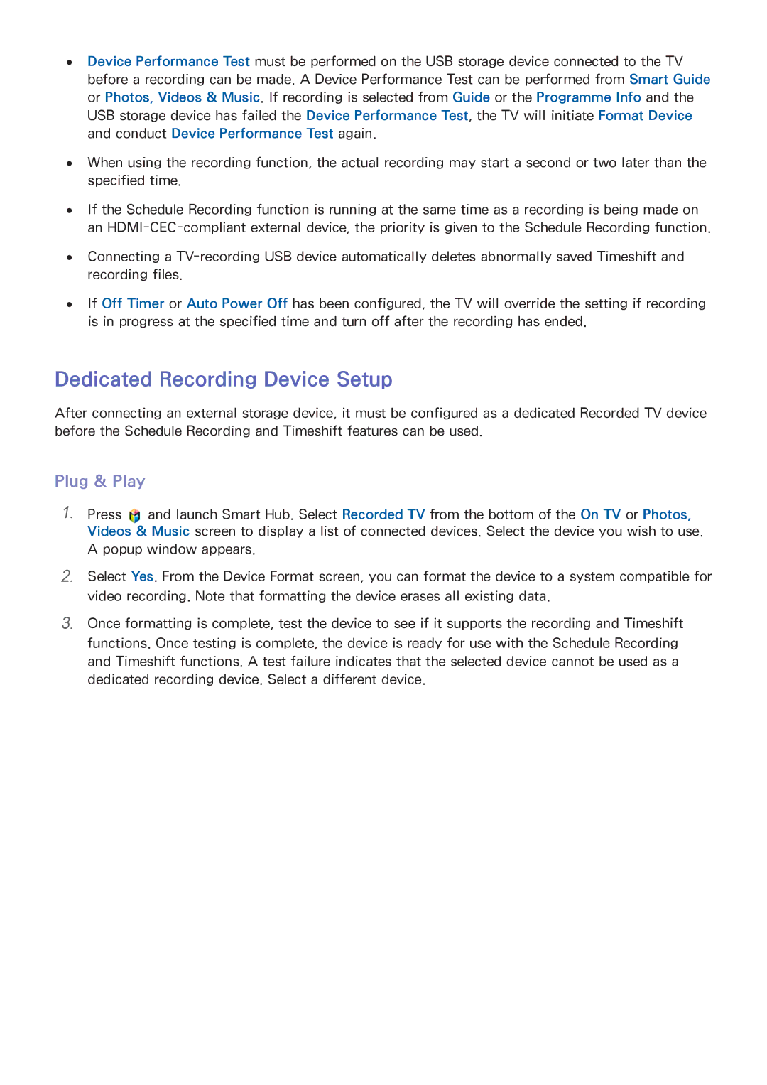 Samsung UE65F6470SSXZG, UE40F6800SSXTK, UE40F6500SSXXH, UE42F5700AWXXN manual Dedicated Recording Device Setup, Plug & Play 