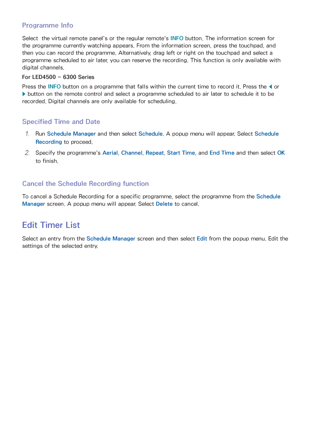 Samsung UE46F6640SSXXH, UE40F6800SSXTK Edit Timer List, Specified Time and Date, Cancel the Schedule Recording function 