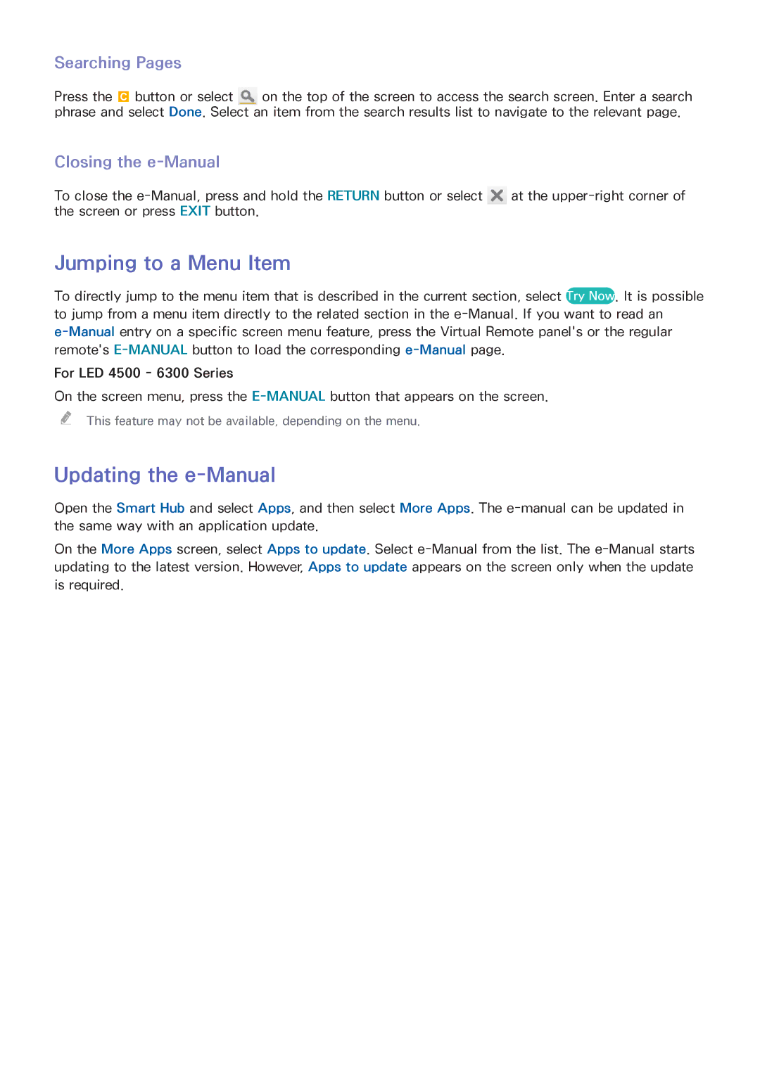 Samsung UE55F6750SSXZG manual Jumping to a Menu Item, Updating the e-Manual, Searching Pages, Closing the e-Manual 