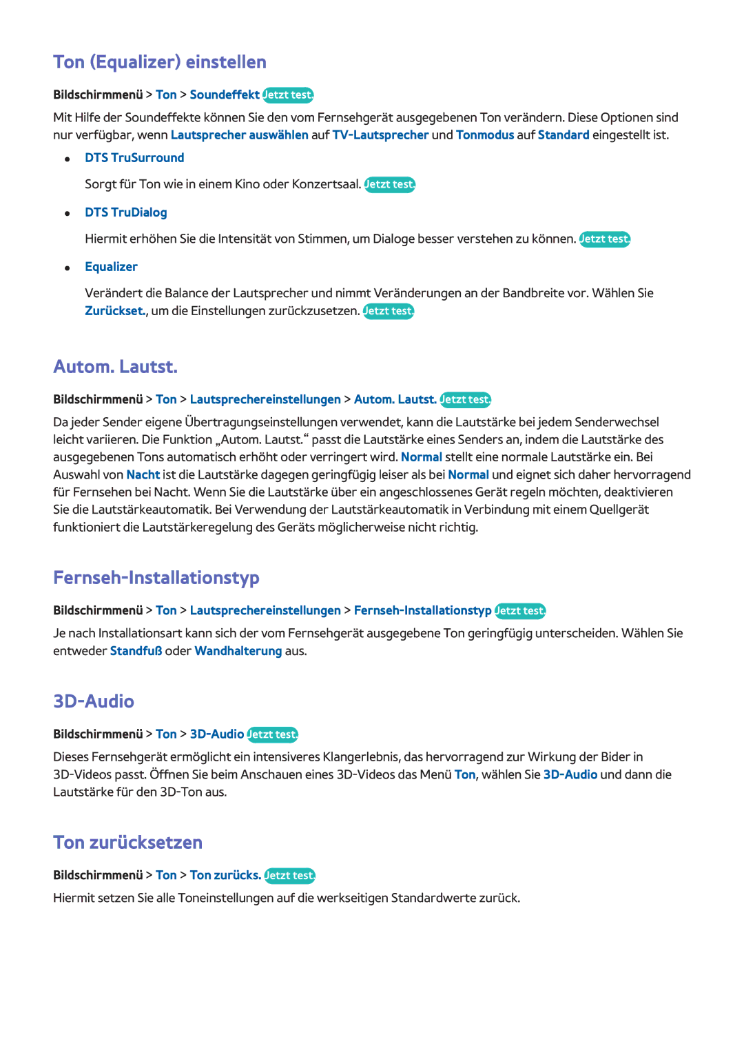 Samsung UE32F5300AWXXH manual Ton Equalizer einstellen, Autom. Lautst, Fernseh-Installationstyp, 3D-Audio, Ton zurücksetzen 