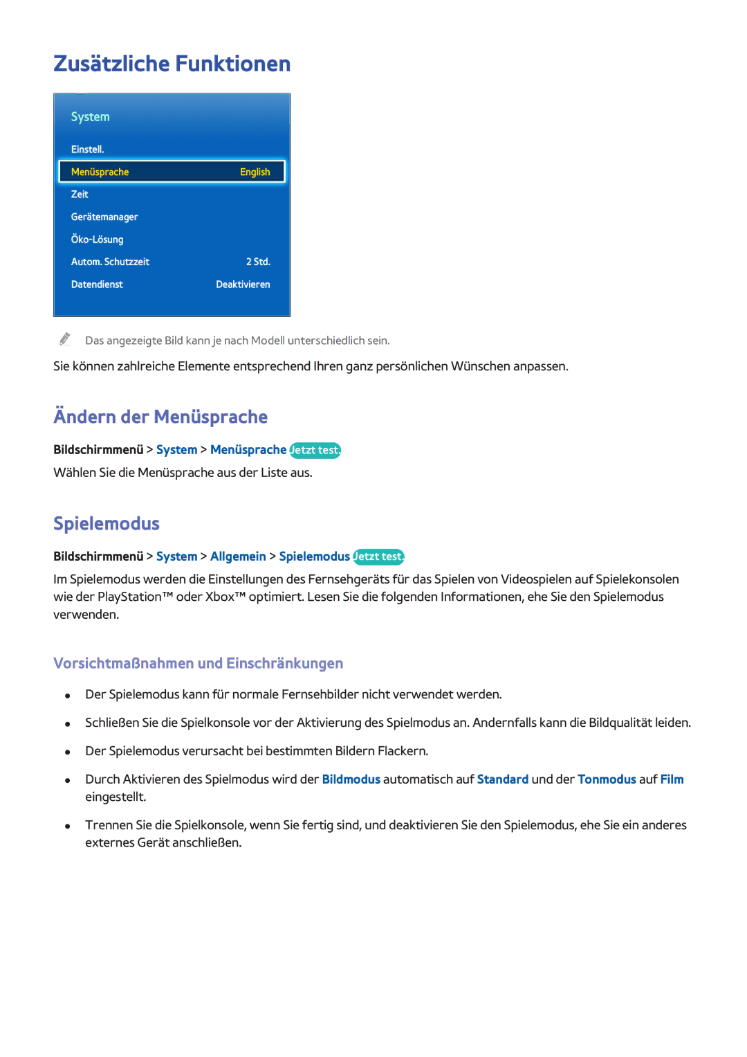 Samsung UE40F6770SSXZG Zusätzliche Funktionen, Ändern der Menüsprache, Spielemodus, Vorsichtmaßnahmen und Einschränkungen 