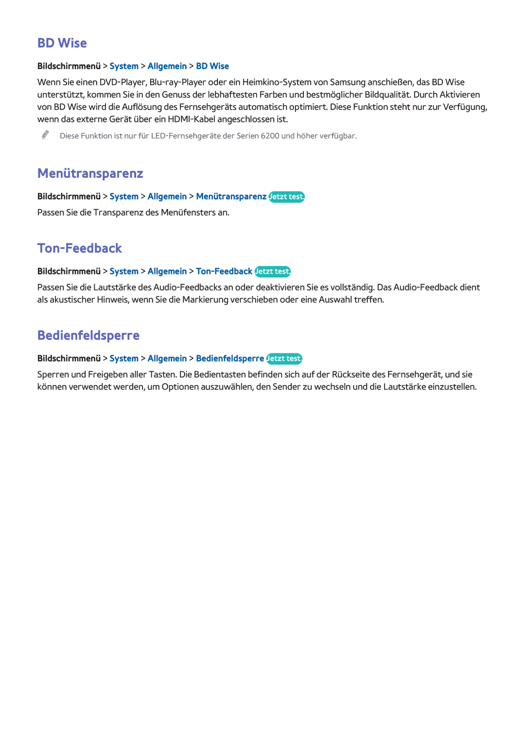 Samsung UE39F5300AWXXN, UE40F6800SSXTK, UE40F6500SSXXH manual BD Wise, Menütransparenz, Ton-Feedback, Bedienfeldsperre 