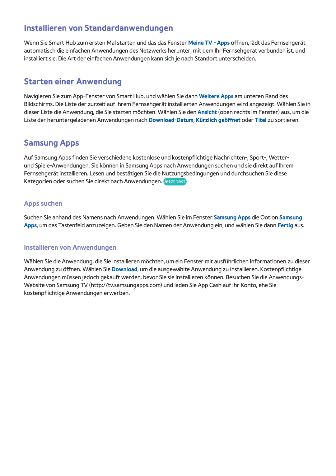 Samsung UE40F6320AWXXC manual Installieren von Standardanwendungen, Starten einer Anwendung, Samsung Apps, Apps suchen 