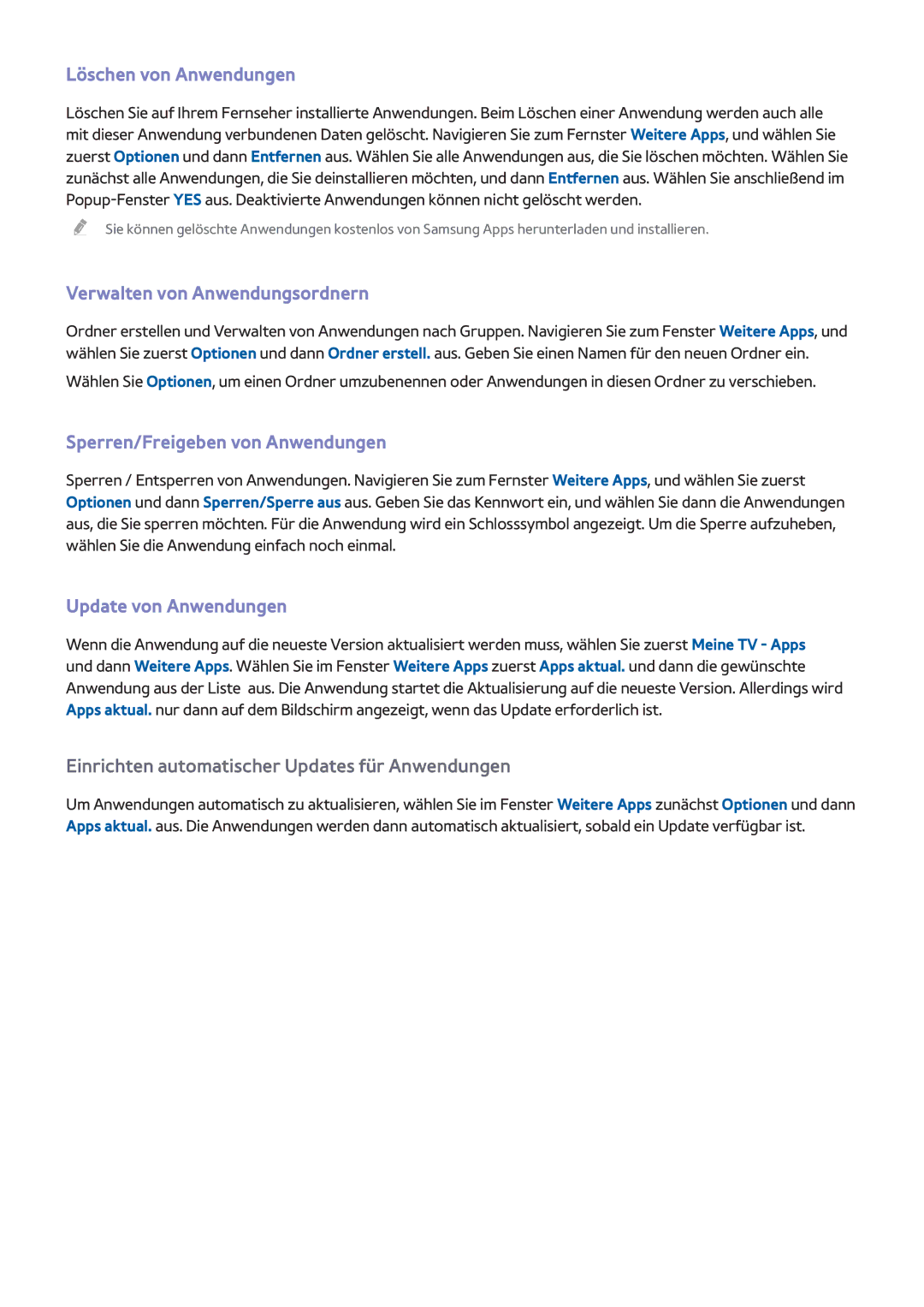 Samsung UE32F5700AWXXN manual Löschen von Anwendungen, Verwalten von Anwendungsordnern, Sperren/Freigeben von Anwendungen 