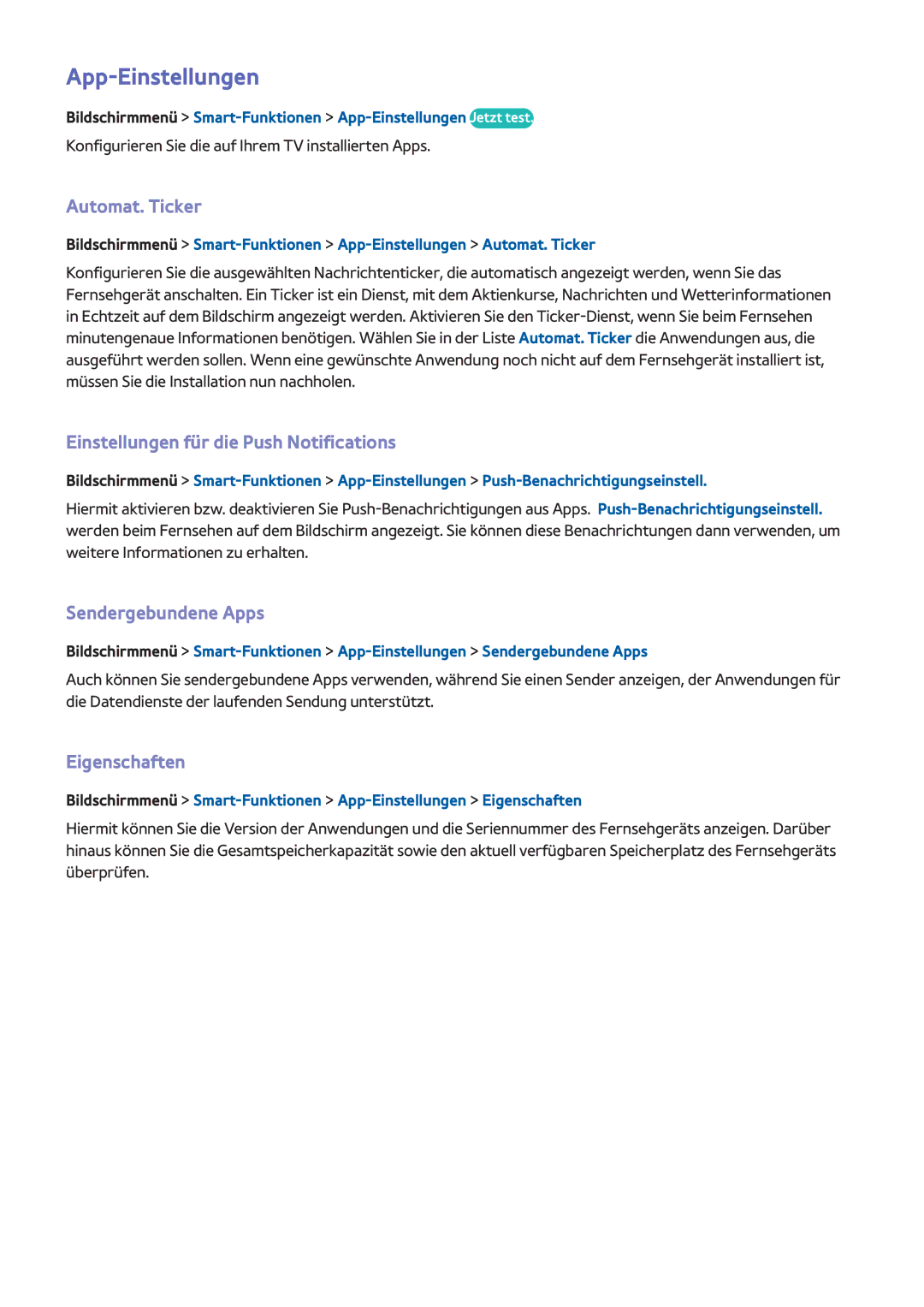 Samsung UE40F6270SSXTK App-Einstellungen, Automat. Ticker, Einstellungen für die Push Notifications, Sendergebundene Apps 
