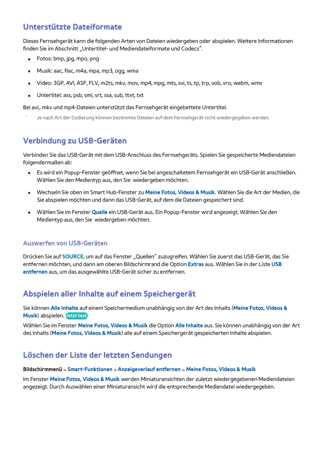 Samsung UE75F6400AWXXN manual Unterstützte Dateiformate, Verbindung zu USB-Geräten, Löschen der Liste der letzten Sendungen 