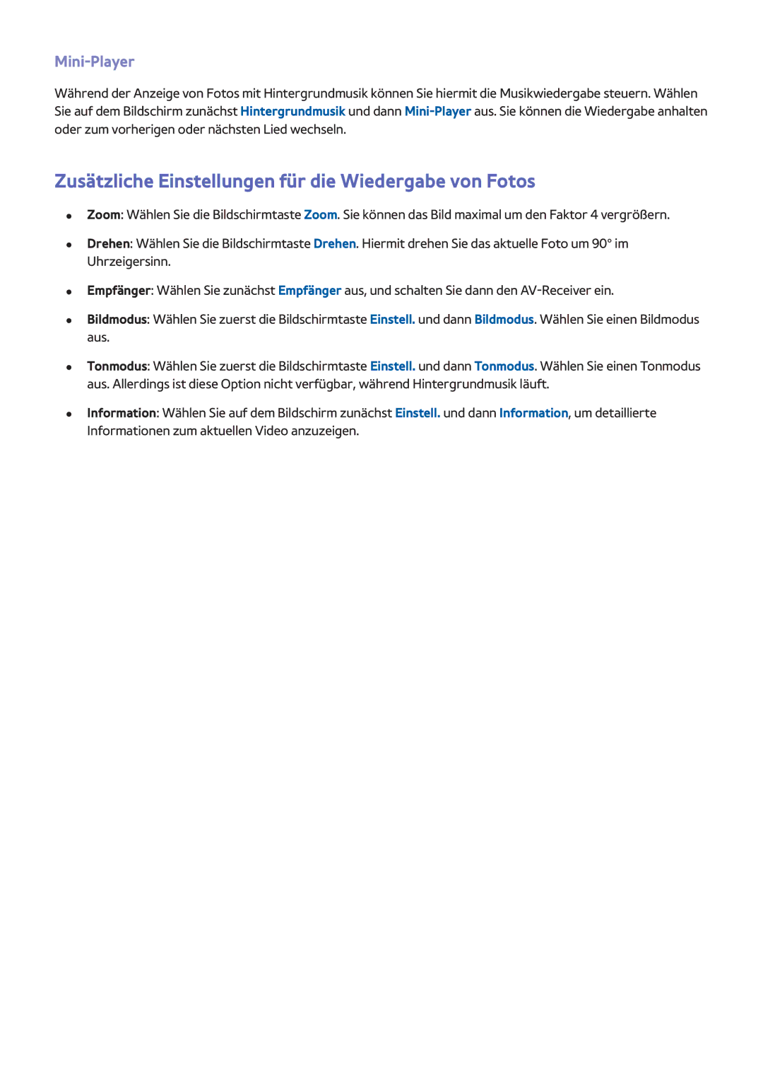 Samsung UE55F6770SSXXH, UE40F6800SSXTK, UE40F6500SSXXH Zusätzliche Einstellungen für die Wiedergabe von Fotos, Mini-Player 