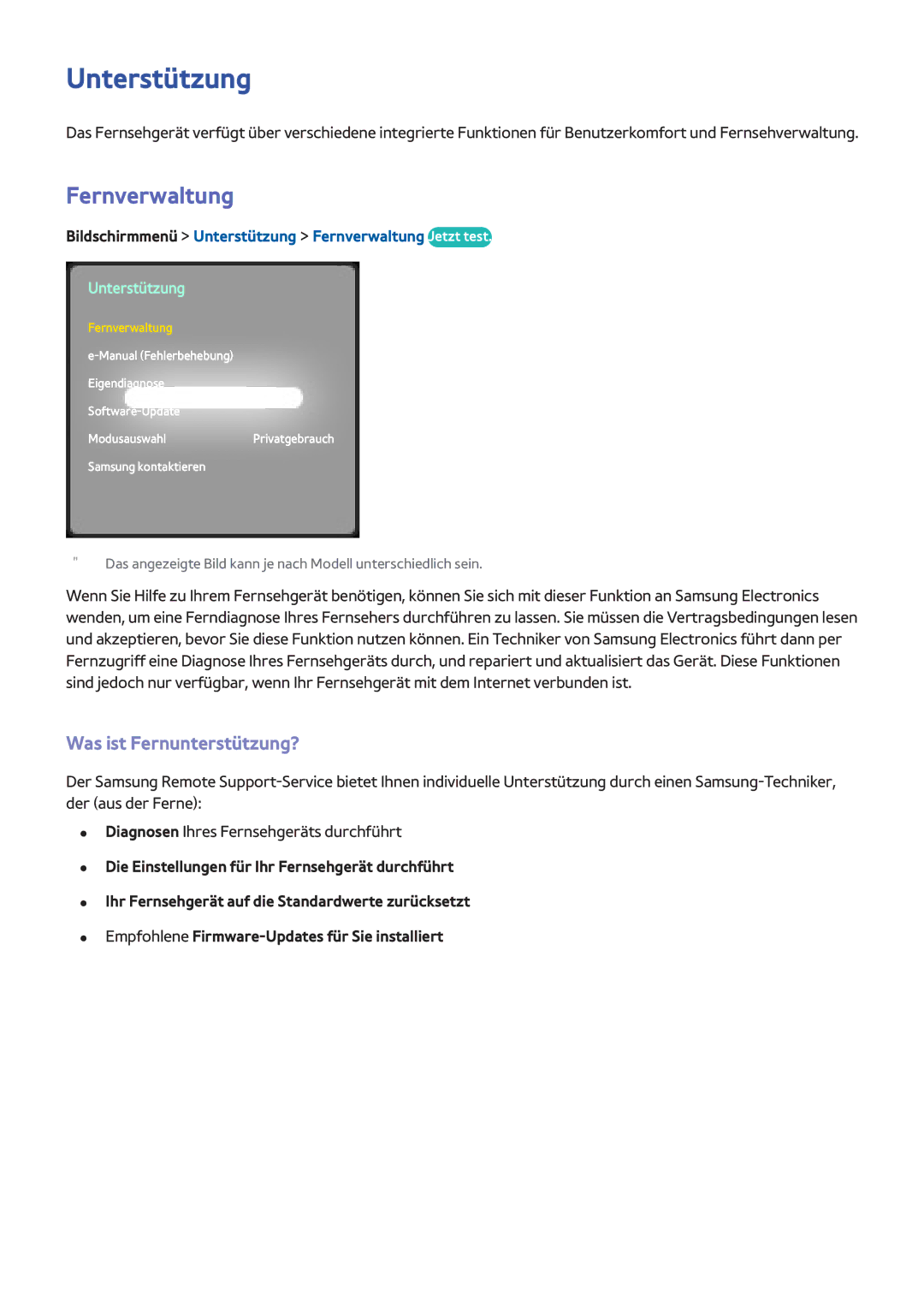 Samsung UE50F6400AWXXN, UE40F6800SSXTK, UE40F6500SSXXH manual Unterstützung, Fernverwaltung, Was ist Fernunterstützung? 