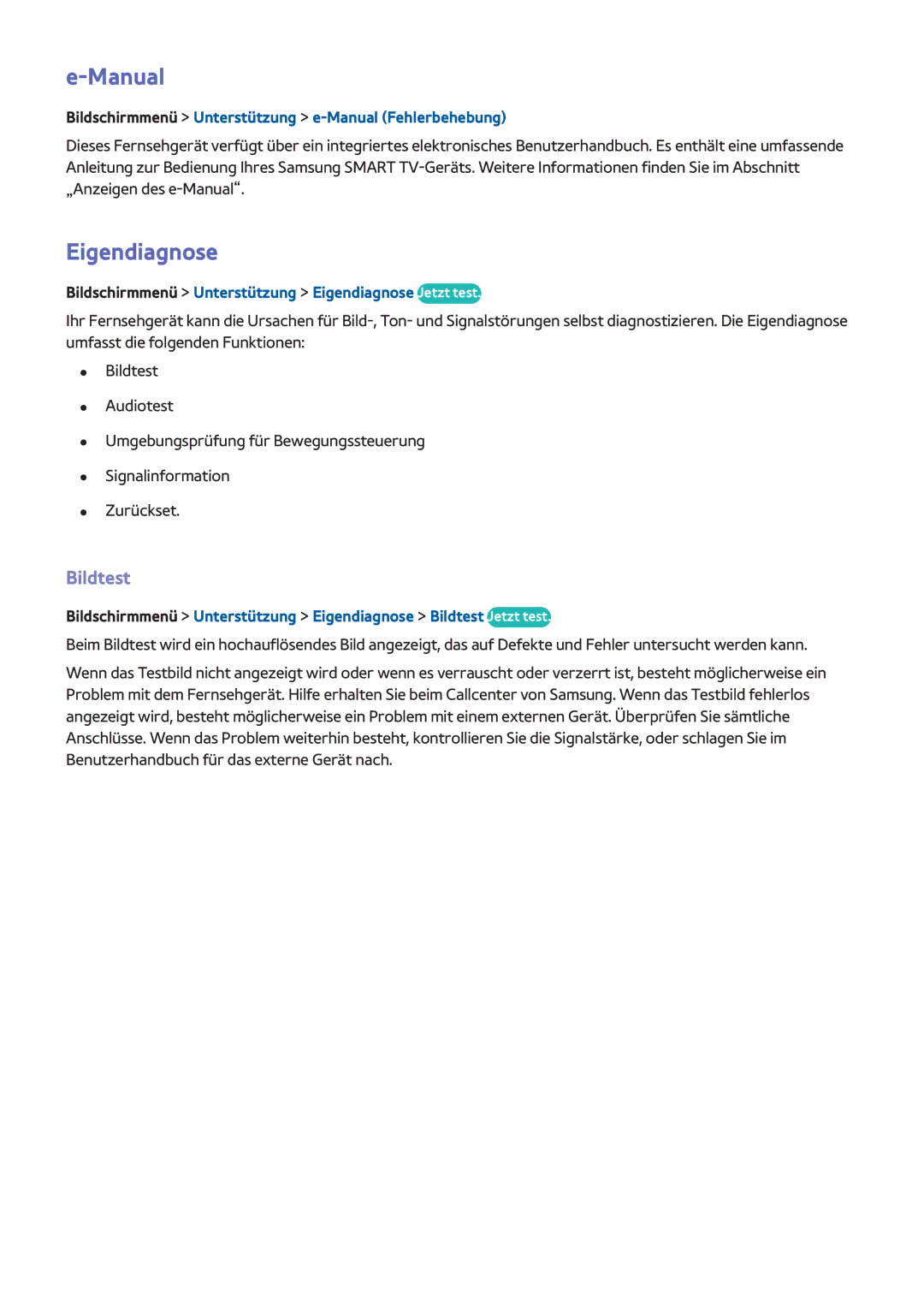 Samsung UE55F6890SSXZG, UE40F6800SSXTK Eigendiagnose, Bildtest, Bildschirmmenü Unterstützung e-Manual Fehlerbehebung 