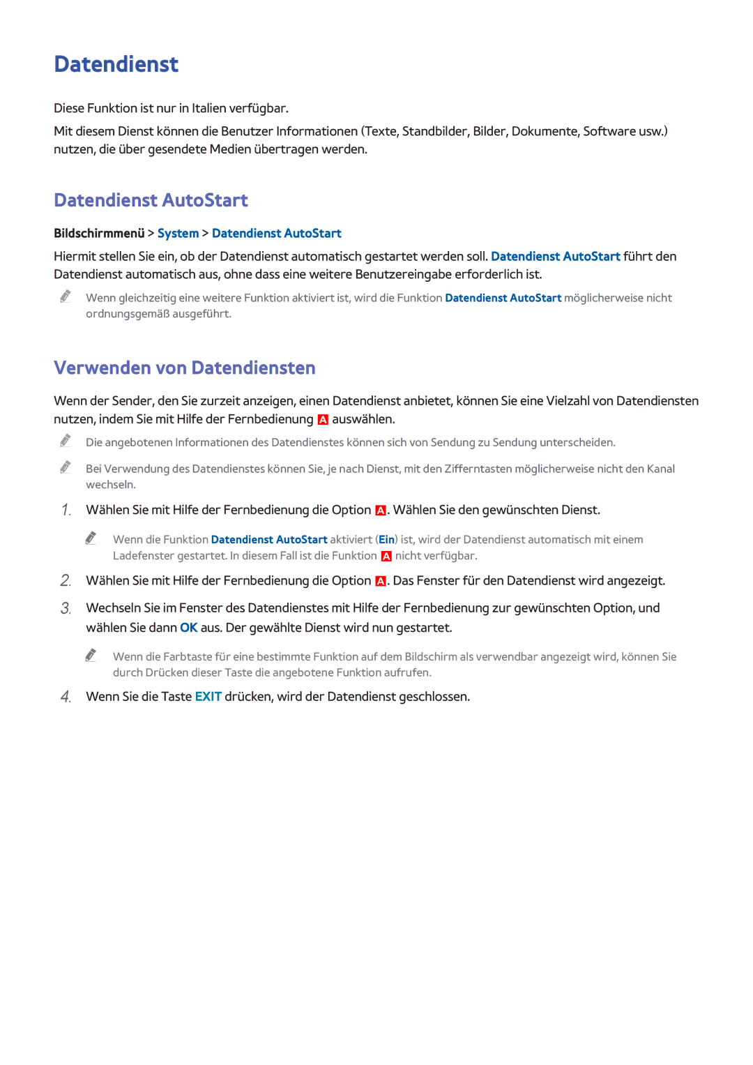 Samsung UE46F5570SSXZG, UE40F6800SSXTK Verwenden von Datendiensten, Bildschirmmenü System Datendienst AutoStart 