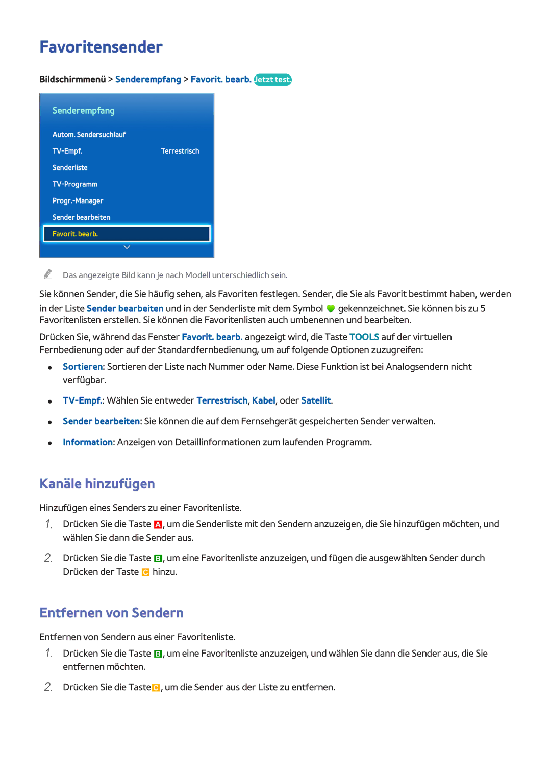 Samsung UE55F6800SSXZG manual Favoritensender, Kanäle hinzufügen, Bildschirmmenü Senderempfang Favorit. bearb. Jetzt test 