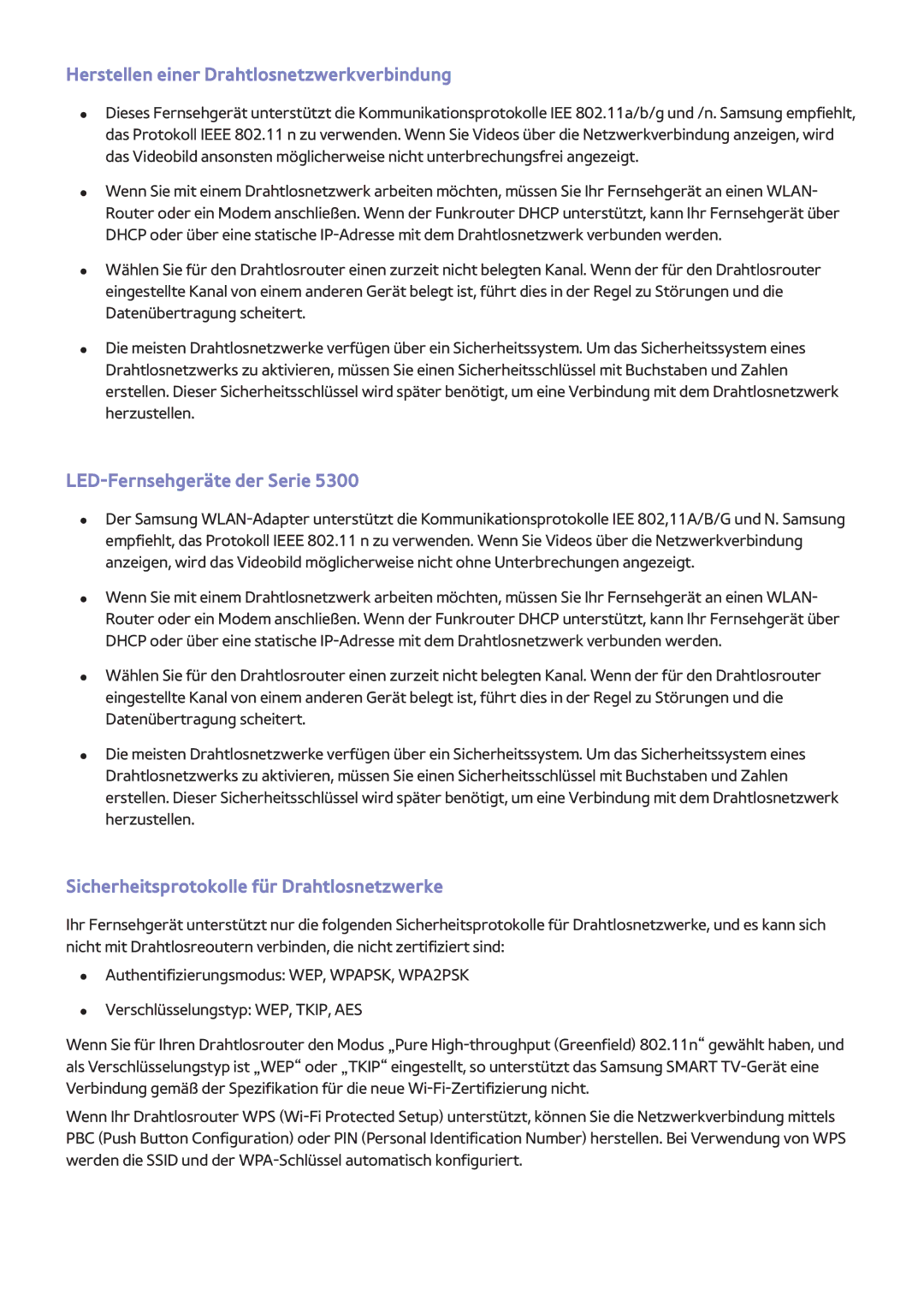 Samsung UE55F6640SSXTK manual Herstellen einer Drahtlosnetzwerkverbindung, Sicherheitsprotokolle für Drahtlosnetzwerke 