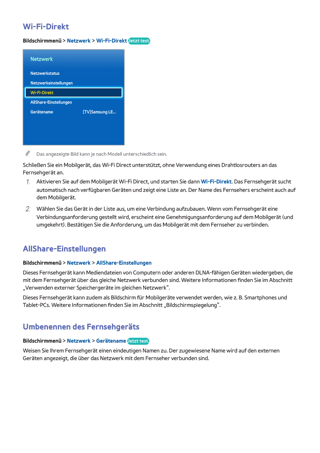 Samsung UE46F6800SSXXH, UE40F6800SSXTK, UE40F6500SSXXH Wi-Fi-Direkt, AllShare-Einstellungen, Umbenennen des Fernsehgeräts 