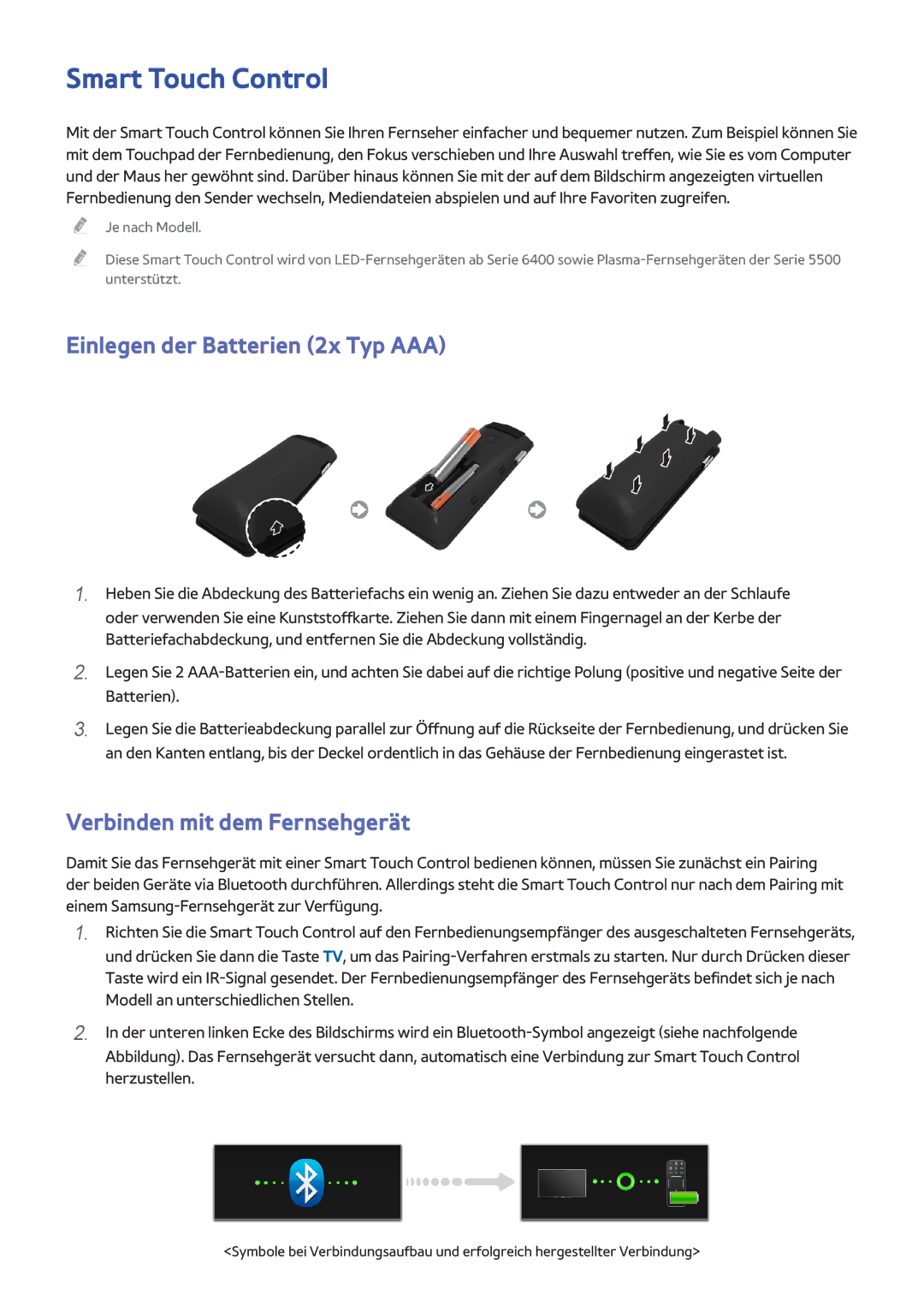 Samsung UE46F6770SSXXH manual Smart Touch Control, Einlegen der Batterien 2x Typ AAA, Verbinden mit dem Fernsehgerät 