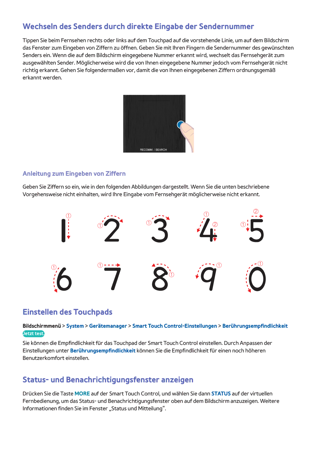 Samsung UE40F6270SSXZG manual Wechseln des Senders durch direkte Eingabe der Sendernummer, Einstellen des Touchpads 