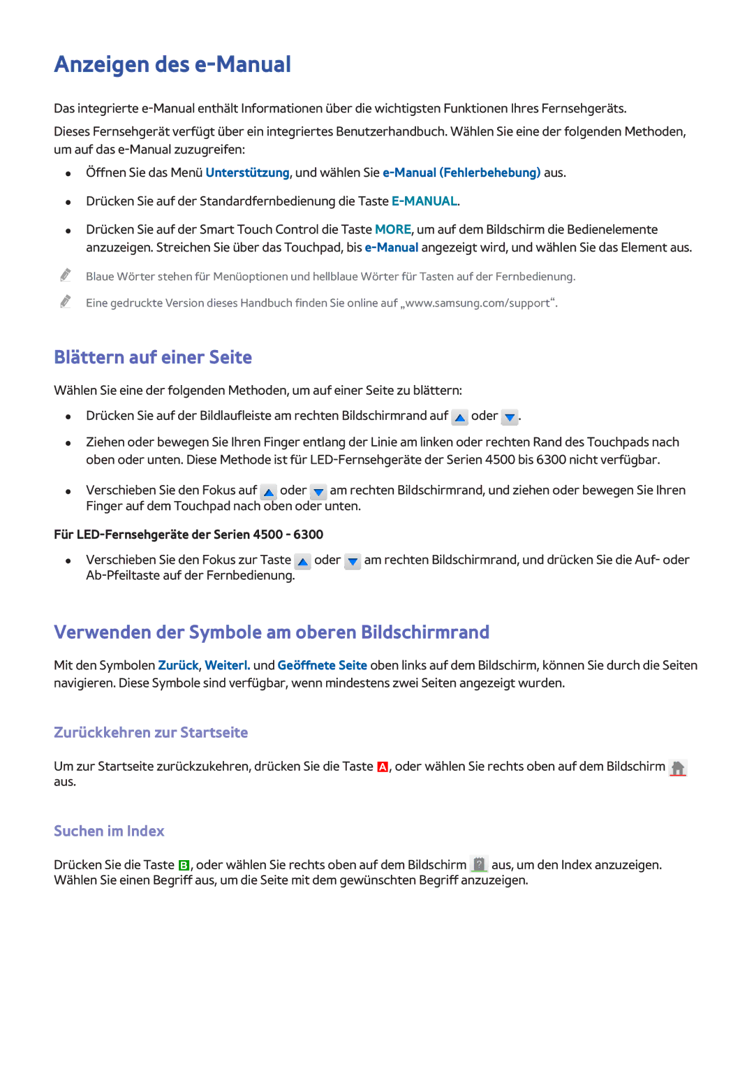 Samsung UE32F5700AWXZH Anzeigen des e-Manual, Blättern auf einer Seite, Verwenden der Symbole am oberen Bildschirmrand 